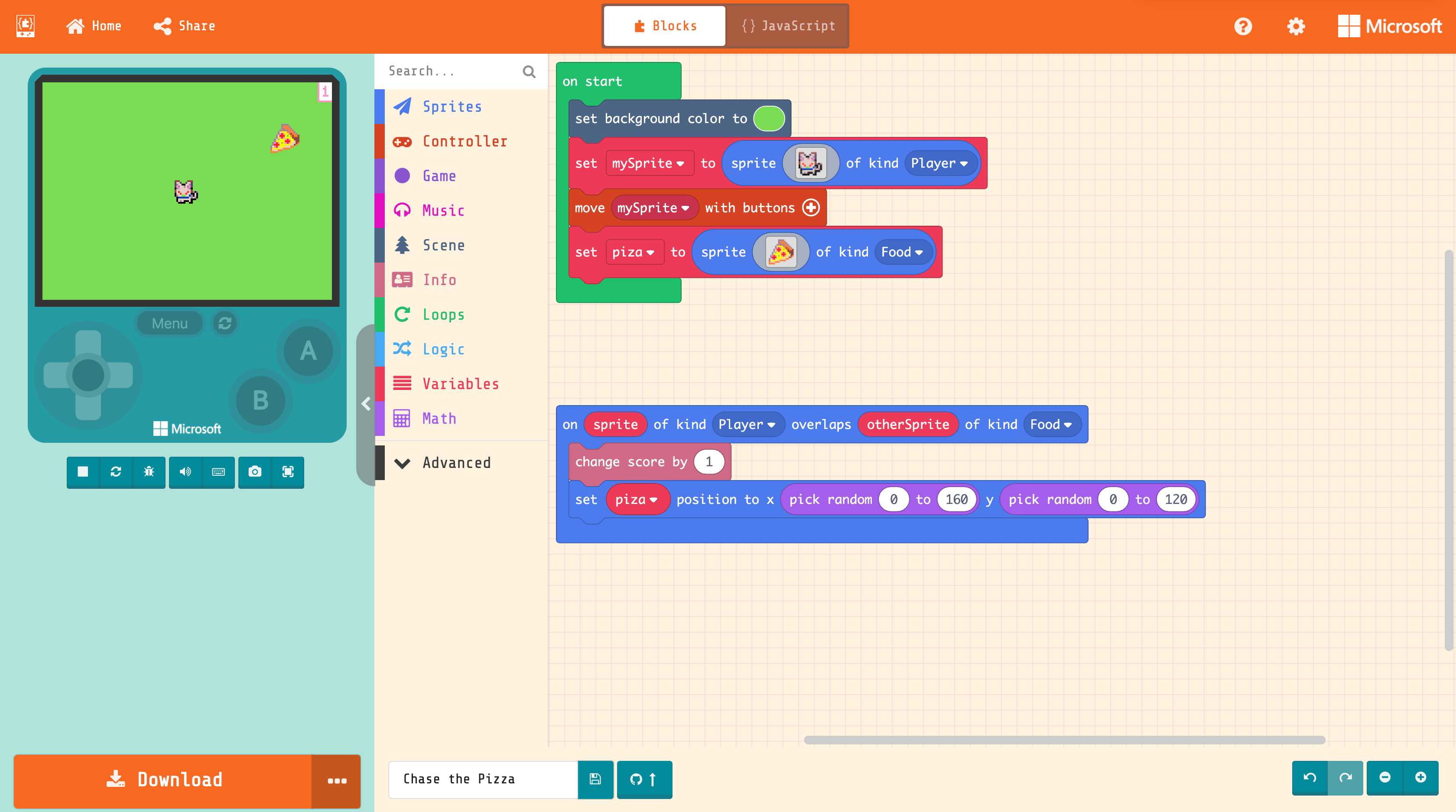 Screenshot of the MakeCode Arcade window. At the bottom of the window, a button is labeled with the Octocat logo and an upwards-facing arrow.