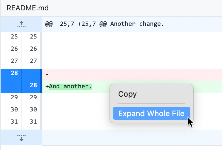 Screenshot of the diff view of a "README" file. Over a green "addition" line, in a context menu, the cursor hovers over "Expand Whole File."